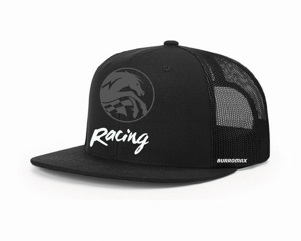 Burromax Black New Era Racing Flat Brim Hat by New Era, Printed Logo, One Size (Part #99061)