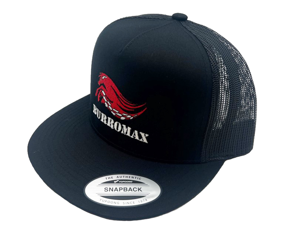 Burromax Hat, Trucker Snap Back Cap, Flat Brim, Black, One Size (Part #99502)