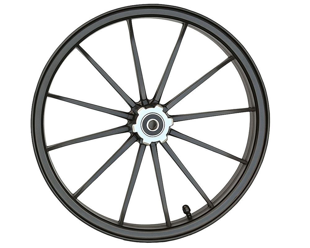 Wheel Assembly, Front, 12x2.5 Radial 12 Spoke, Black (Part #10067) Fits XRA, XRB, HRH, HRS with Extended Swing Arms