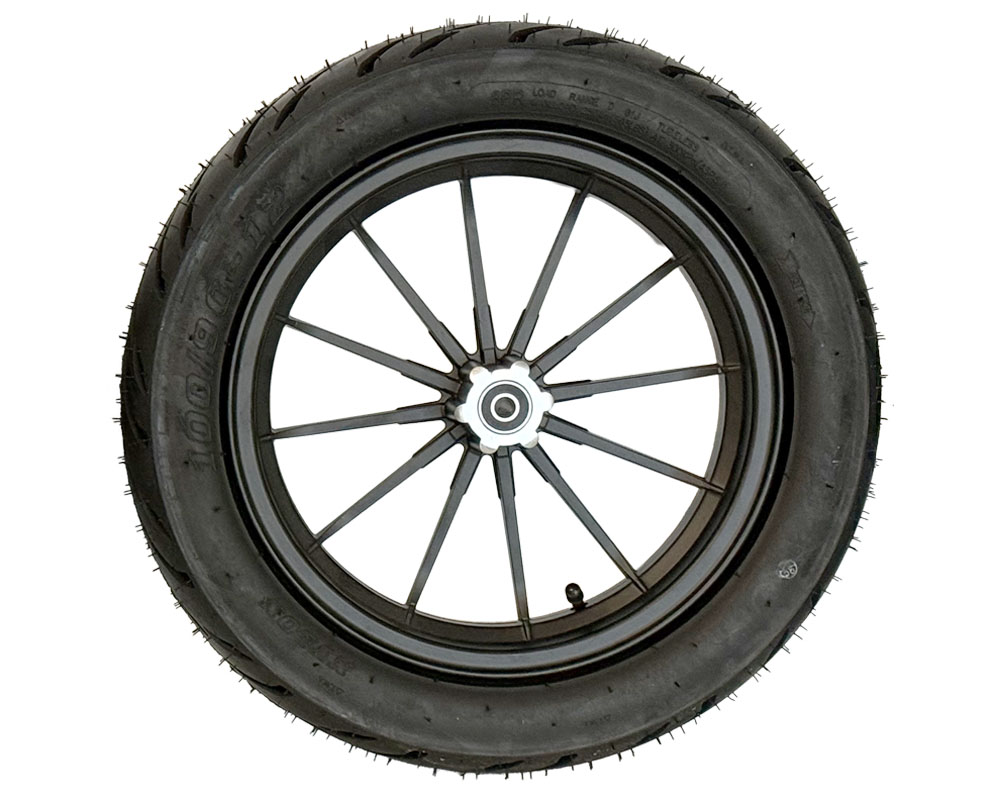Wheel Assembly, 12" Front with Supermoto 100/90-12 Tire, 12x2.5 Radial 12 Spoke Wheel, Black (Part #10080) Fits XRA, XRB, HRH, HRS with Extended Swing Arms