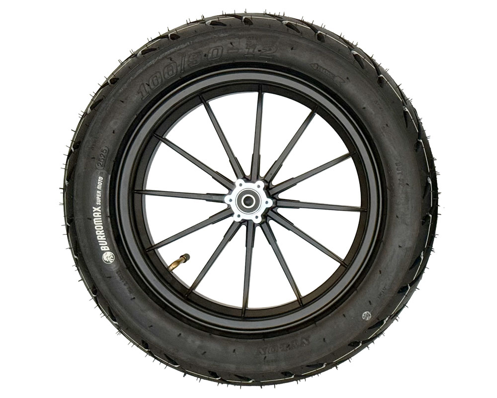 Wheel Assembly, 12" Rear with Supermoto 100/90-12 Tire, 12x2.5 Radial 12 Spoke Wheel, Black (Part #10081) Fits XRA, XRB, HRH, HRS with Extended Swing Arms