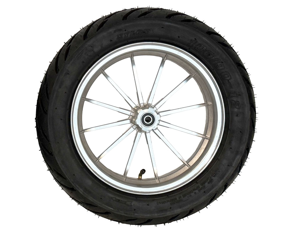 Wheel Assembly, 12" Front with Supermoto 100/90-12 Tire, 12x2.5 Radial 12 Spoke Wheel, Silver (Part #10082) Fits XRA, XRB, HRH, HRS with Extended Swing Arms