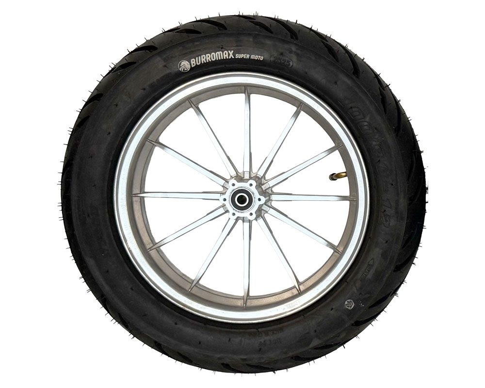 Wheel Assembly, 12" Rear with Supermoto 100/90-12 Tire, 12x2.5 Radial 12 Spoke Wheel, Silver  (Part #10083) Fits XRA, XRB, HRH, HRS with Extended Swing Arms