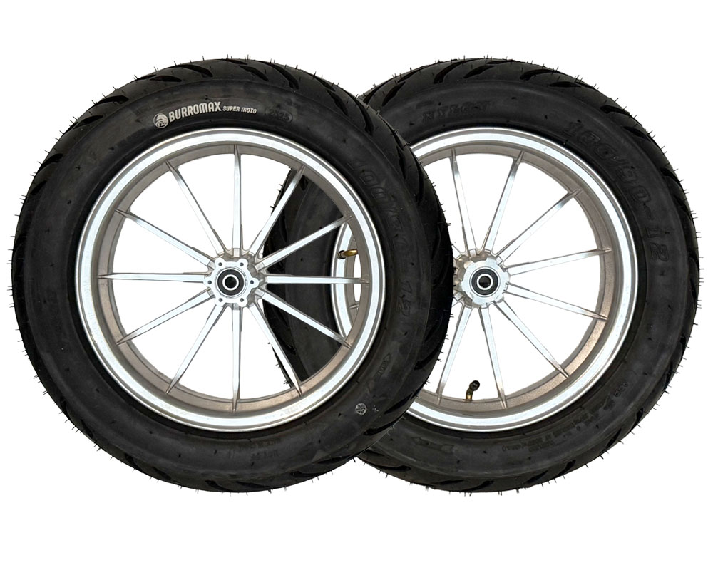 Wheel Assembly, 12" Front And Rear, Supermoto 100/90-12 Tire, 12x2.5 Radial 12 Spoke Wheel, Silver, Set of 2 (Part #10087) Fits XRA, XRB, HRH, HRS with Extended Swing Arms