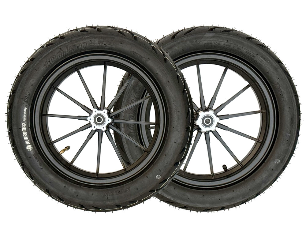 Wheel Assembly, 12" Front And Rear, Supermoto 100/90-12 Tire, 12x2.5 Radial 12 Spoke Wheel, Black, Set of 2 (Part #10089) Fits XRA, XRB, HRH, HRS with Extended Swing Arms