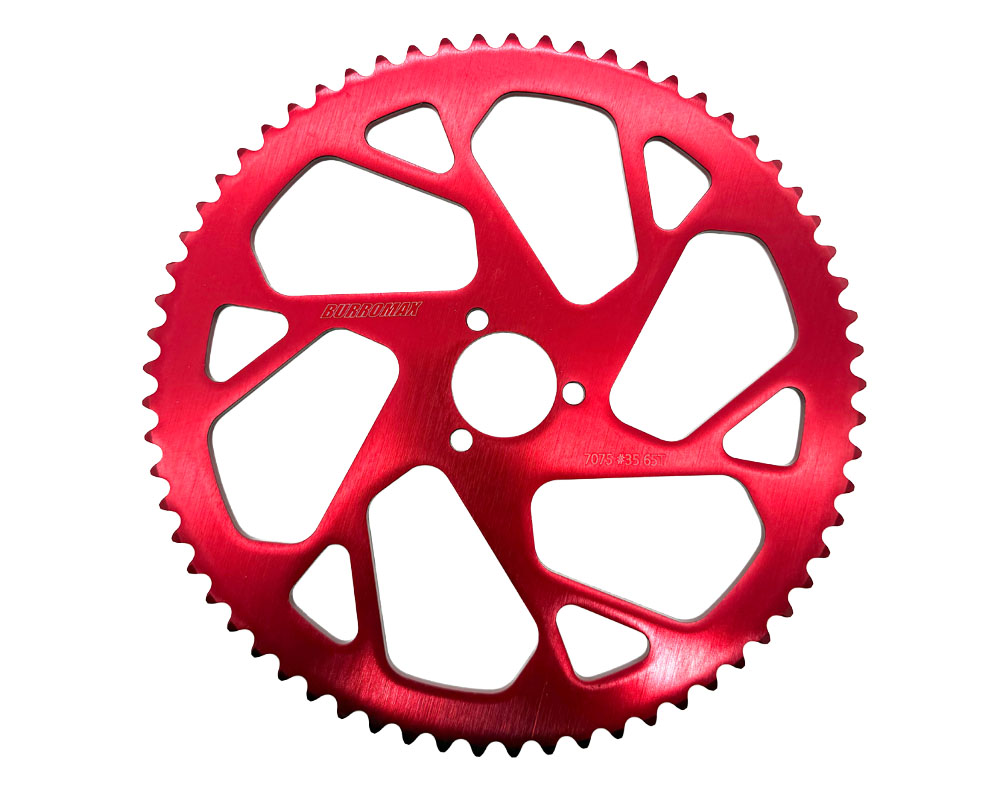 Sprocket, 65T 7075 Aluminium #35 Chain, 39.5mm BC- 3 Bolt, Red Anodized (Part #10315) Fits TT750R Model Year 2026 and Later