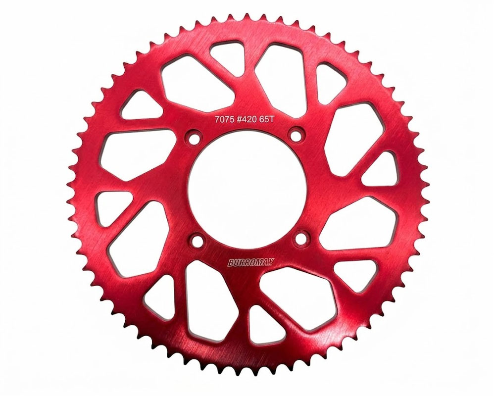 Sprocket, 65T 7075 Aluminum #420 Chain, 110mm BC- 90mm ID, Red Anodized (Part #10321) Fits MX1, HRX