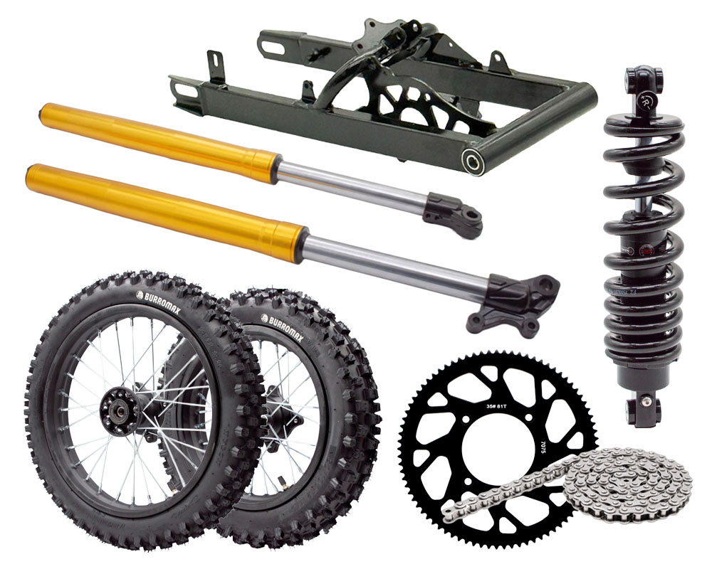 TT1600R to eMoto Conversion Kit, 14" Front and 12" Rear eMoto Tires, Gold Anodized Front Forks, Extended Swing Arm, eMoto Rear Shock, Includes All Hardware (Part #16049) Fits TT1600R