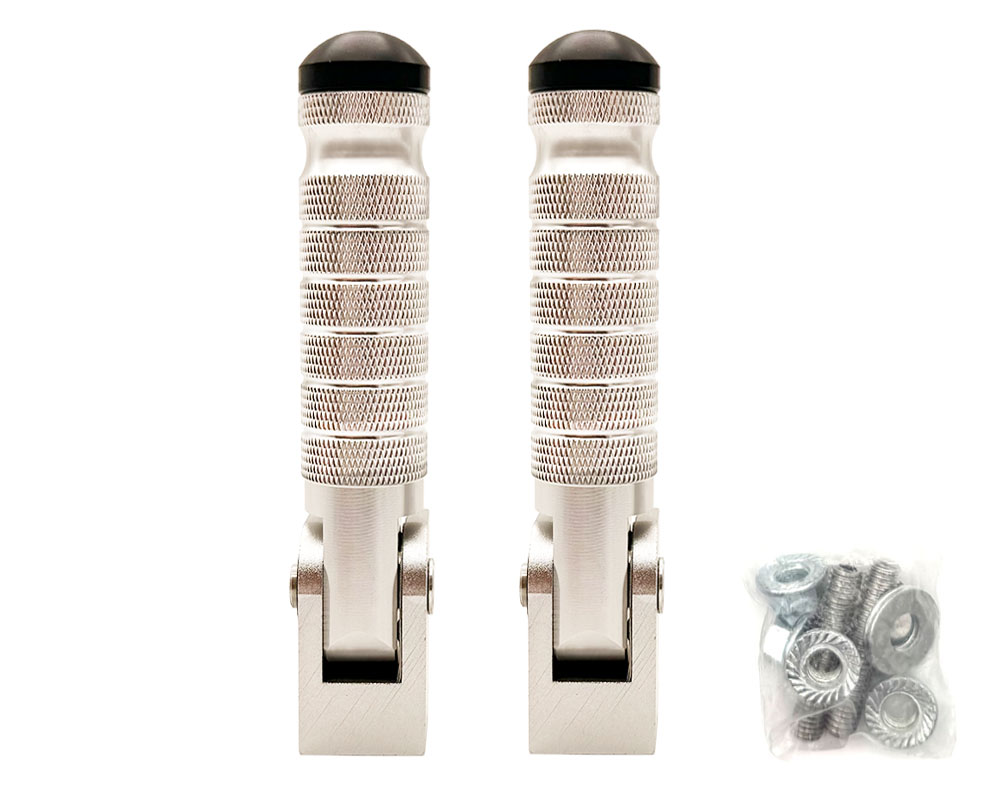 Foot Peg Set, Round Aluminum Folding Type, Clear Aluminum Anodized with Black Tips (Part #16118) Fits Various Models