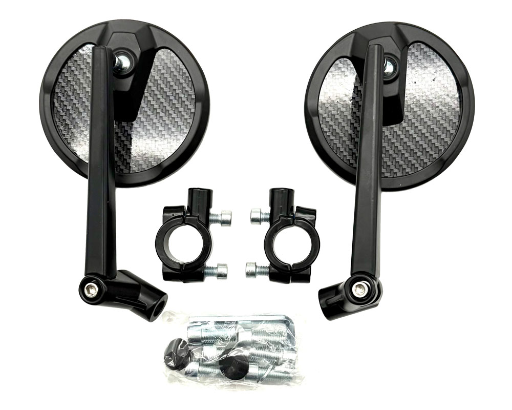 Mirror Kit, Round Face, 100mm with Tinting, Carbon Fiber Back and Black Stem, Fully Adjustable, Includes Mounts and Hardware (Part #16121-K) Fits All Models