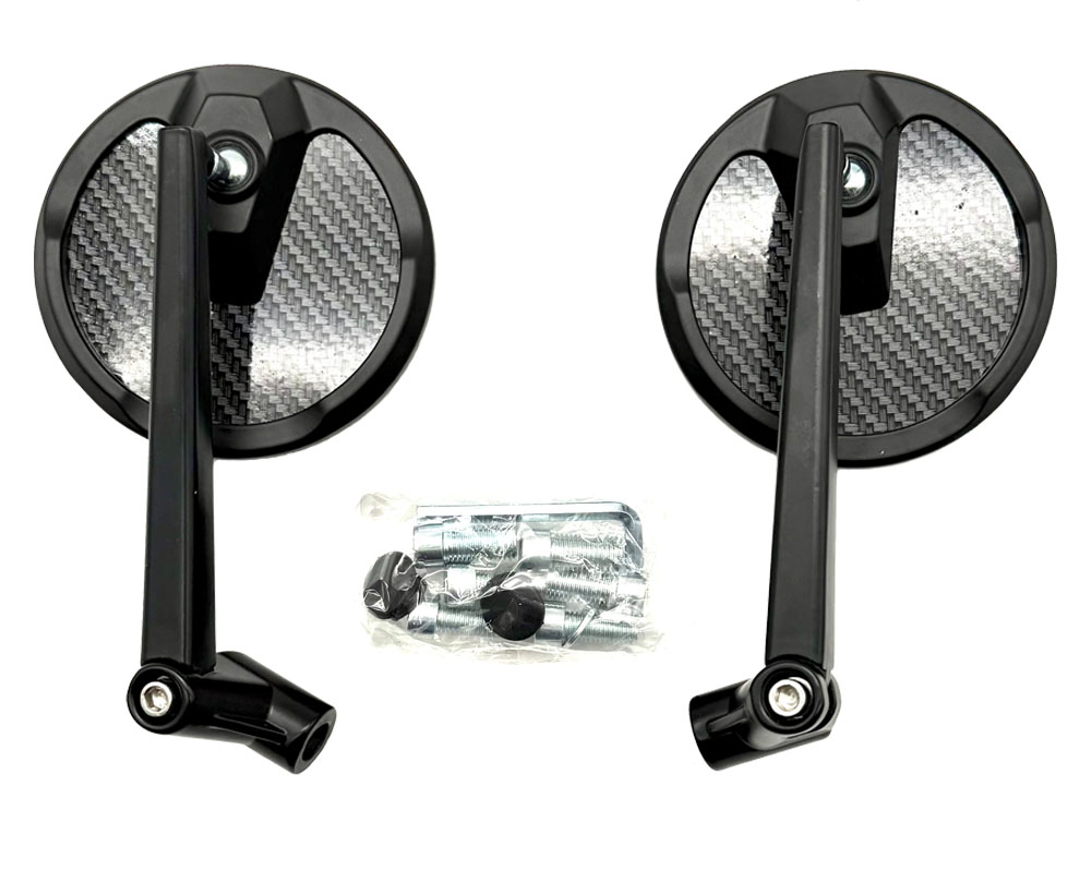 Mirror Set, Round Face, 100mm with Tinting, Carbon Fiber Back and Black Stem, Fully Adjustable (Part #16121) Fits All Models, Requires Handlebar Mounts