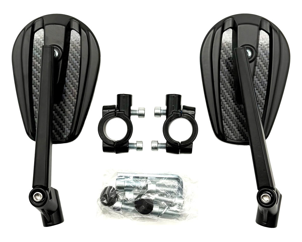 Mirror Kit, Oval Face, 80x120mm with Tinting, Carbon Fiber Back and Black Stem, Fully Adjustable, Includes Mounts and Hardware (Part #16122-K) Fits All Models