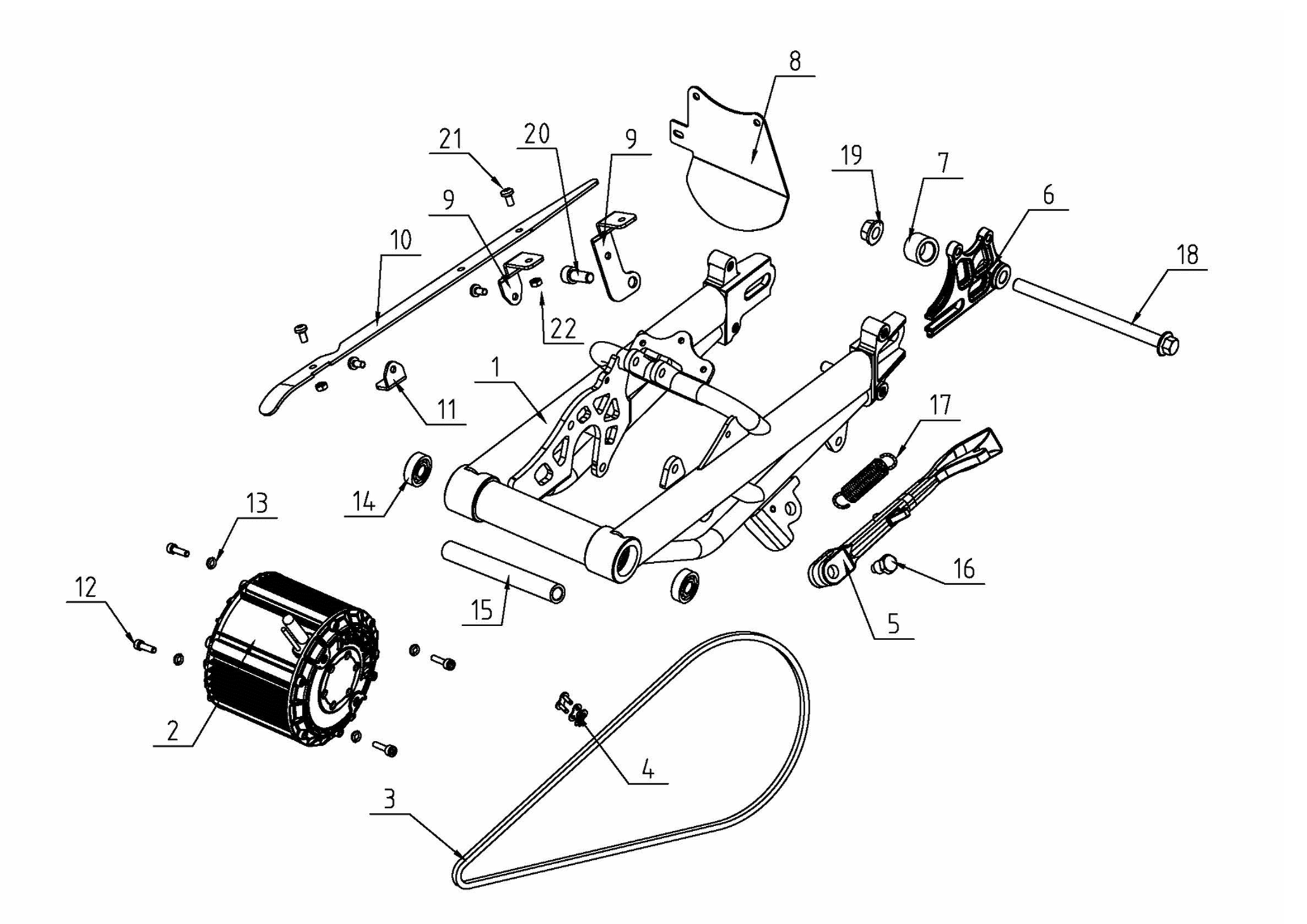 xra-xrbRear Fork, Shock, Motor, Chain and Kickstand