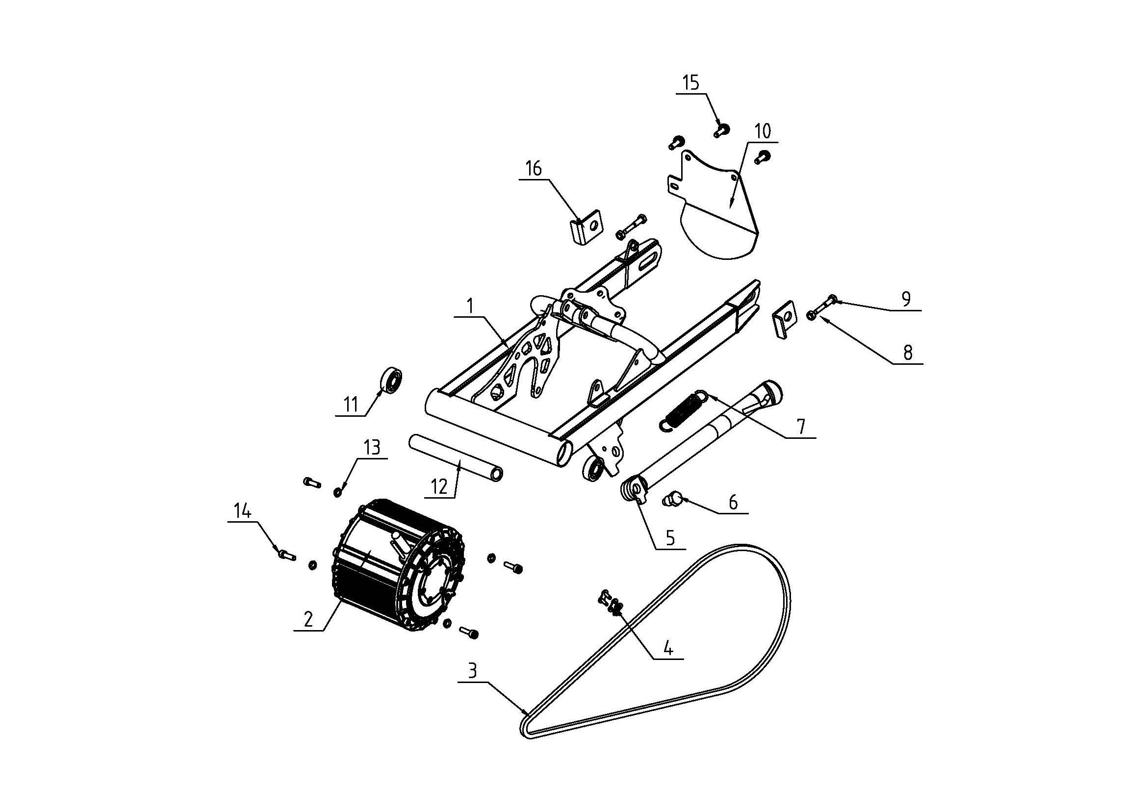 xra-xrbRear Fork, Motor, Chain and Kickstand